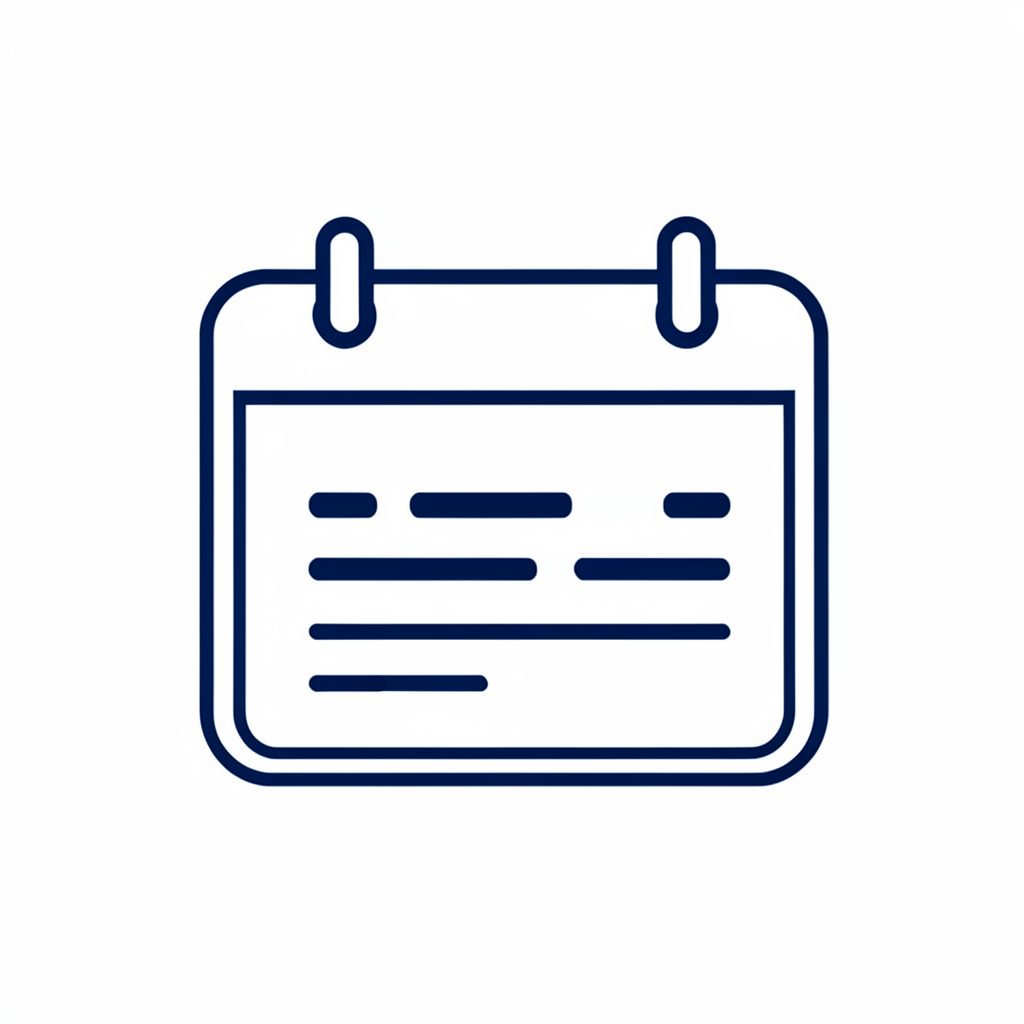 Simple line-art icon of a calendar in navy blue on a white background