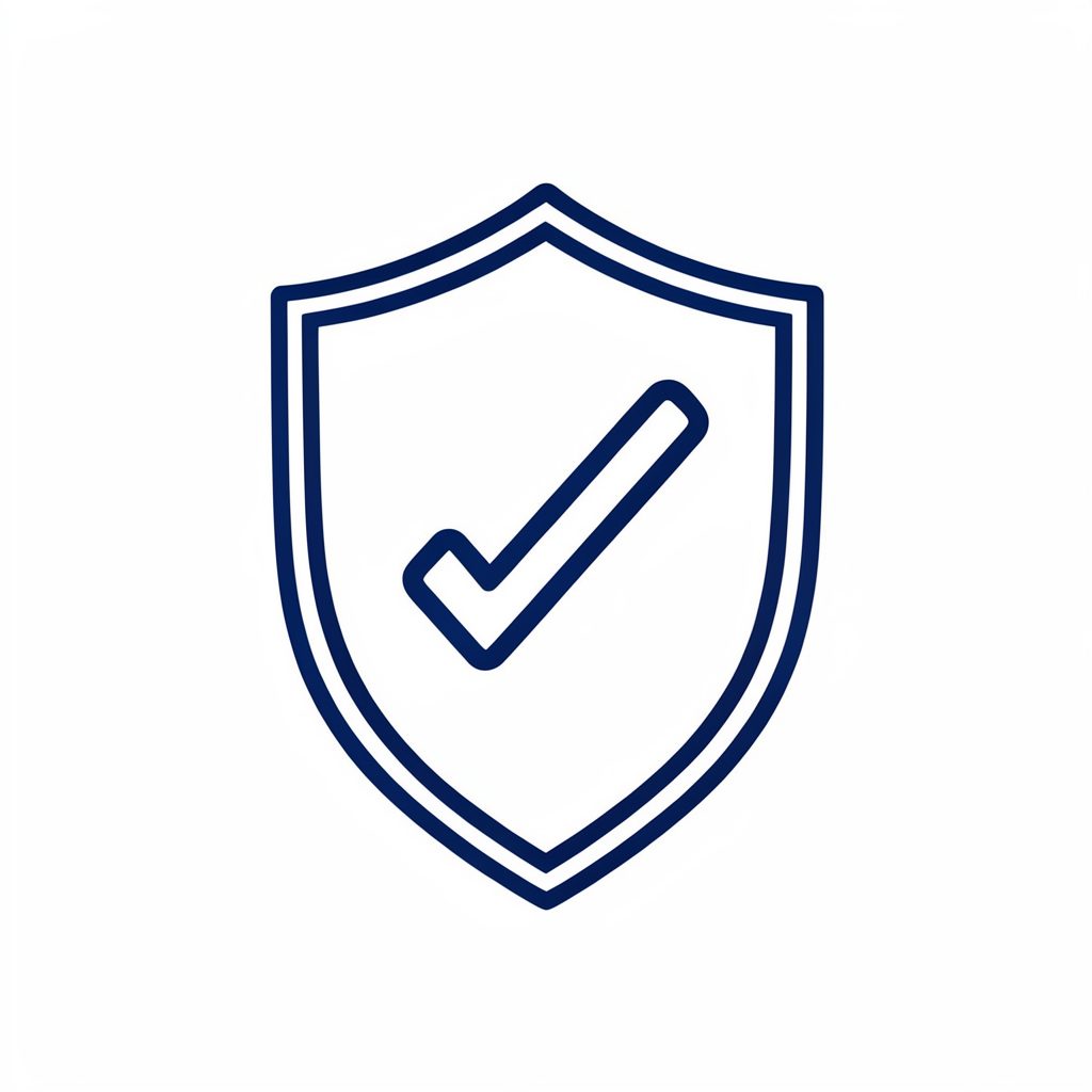 Simple line-art icon of a shield with a checkmark in navy blue on a white background