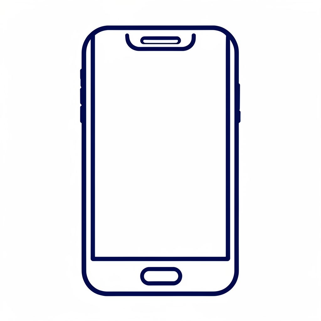 Simple line-art icon of a smartphone screen in navy blue on a white background