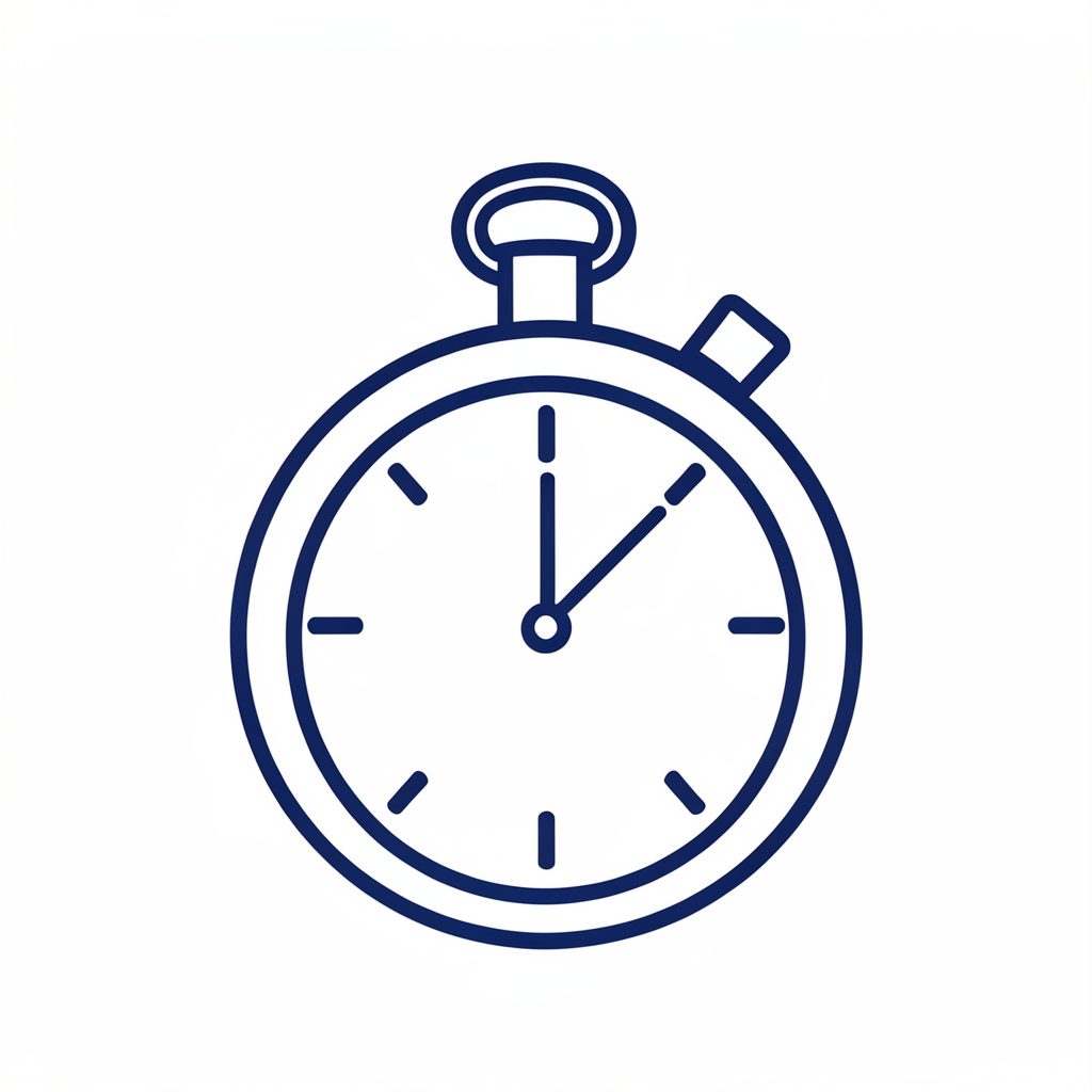 Simple line-art icon of a stopwatch in navy blue on a white background