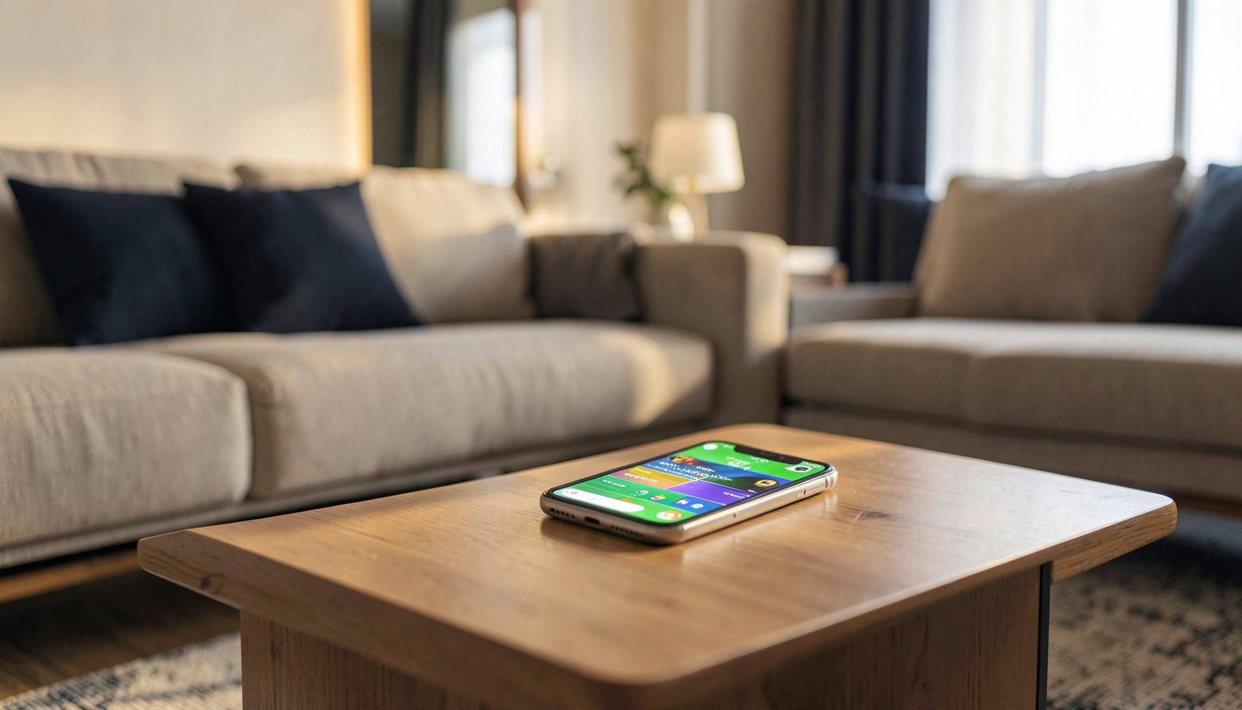 Warm atmospheric interior of a modern living room with a smartphone on a coffee table displaying a colorful sports interface